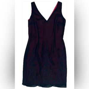 Vintage Scalloped Black Maggy London Cocktail Dress with Red Lining